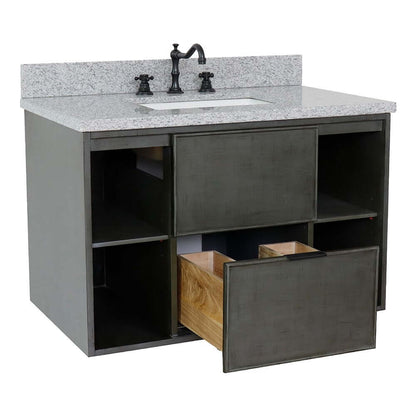 37" Single wall mount vanity in Linen Gray finish with Gray granite top and rectangle sink - 400502-CAB-LY-GYR