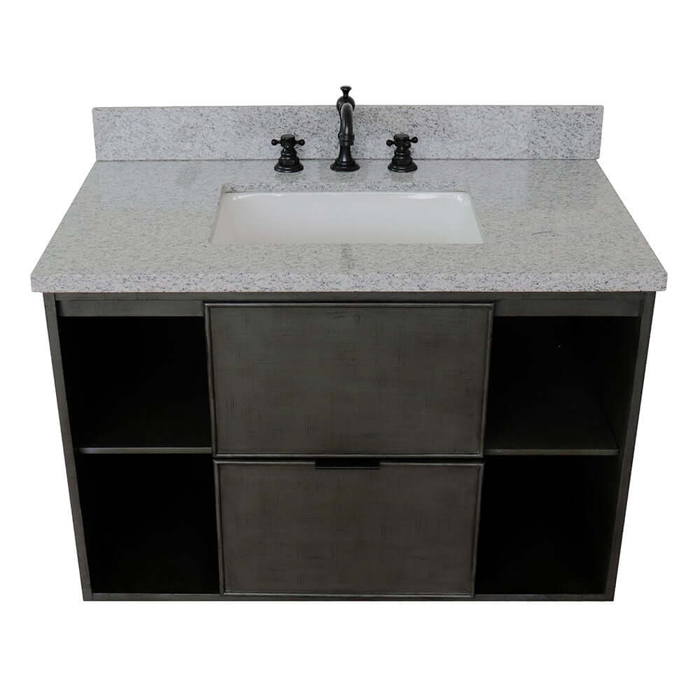 37" Single wall mount vanity in Linen Gray finish with Gray granite top and rectangle sink - 400502-CAB-LY-GYR