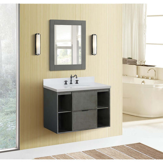 37" Single wall mount vanity in Linen Gray finish with White Quartz top and oval sink - 400502-CAB-LY-WEO