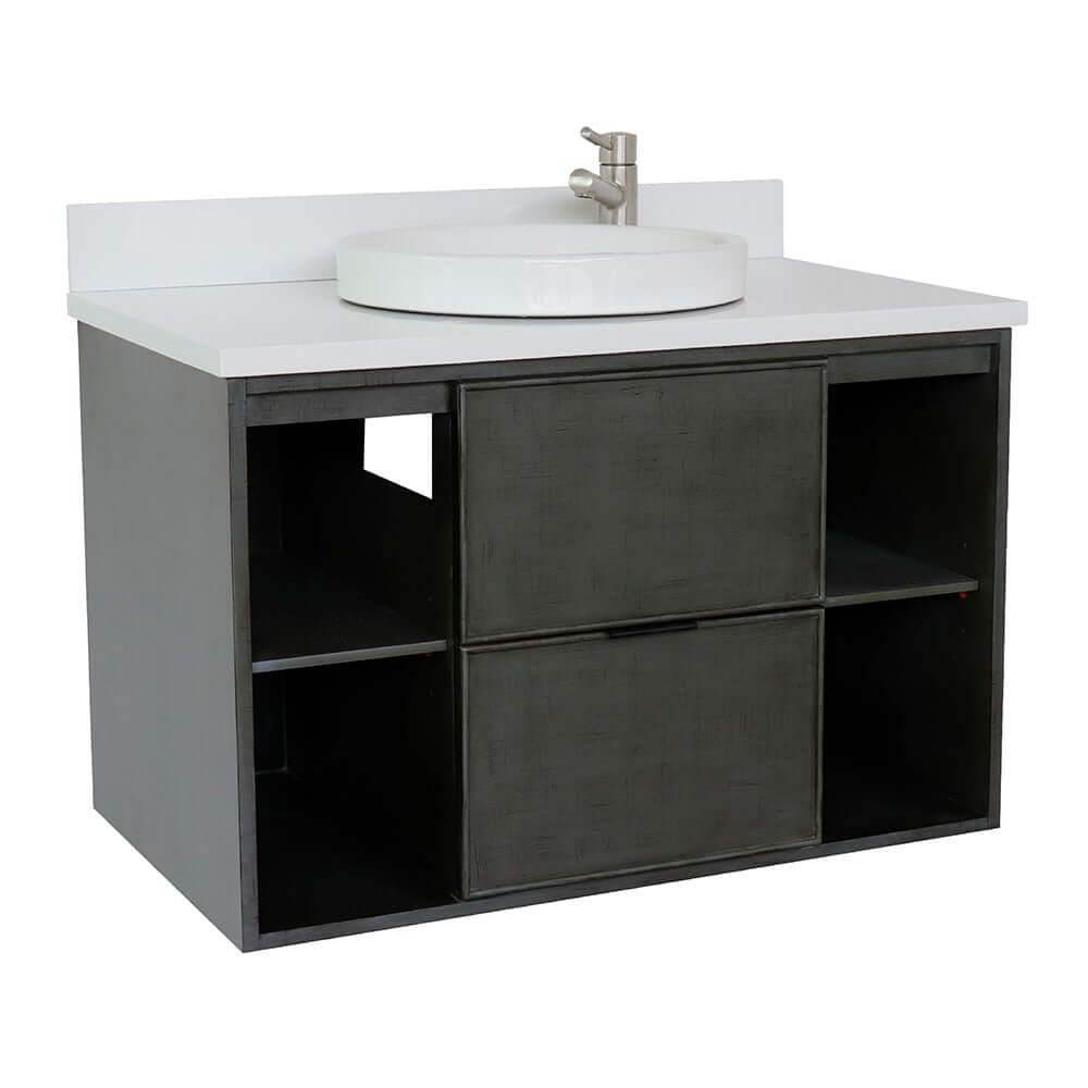 37" Single wall mount vanity in Linen Gray finish with White Quartz top and round sink - 400502-CAB-LY-WERD