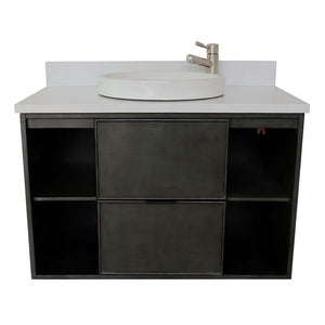 37" Single wall mount vanity in Linen Gray finish with White Quartz top and round sink - 400502-CAB-LY-WERD