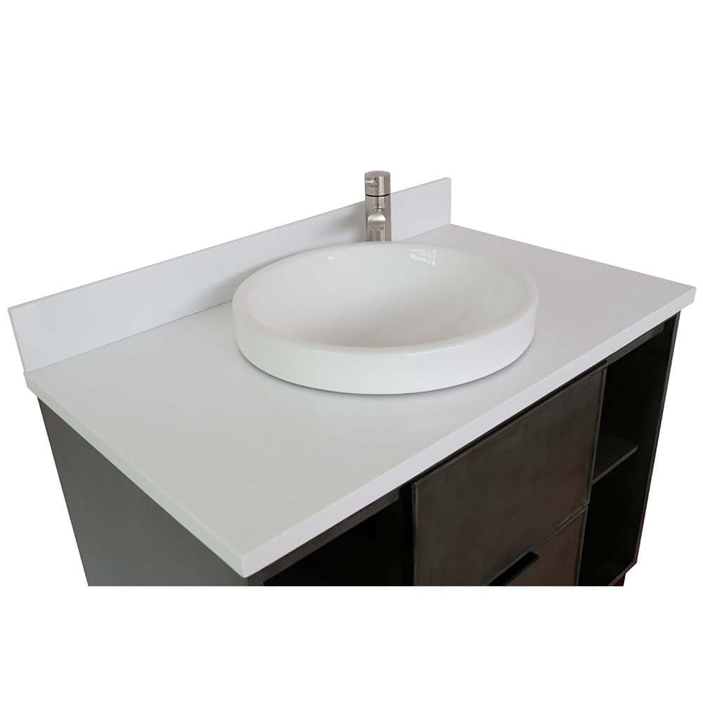 37" Single wall mount vanity in Linen Gray finish with White Quartz top and round sink - 400502-CAB-LY-WERD