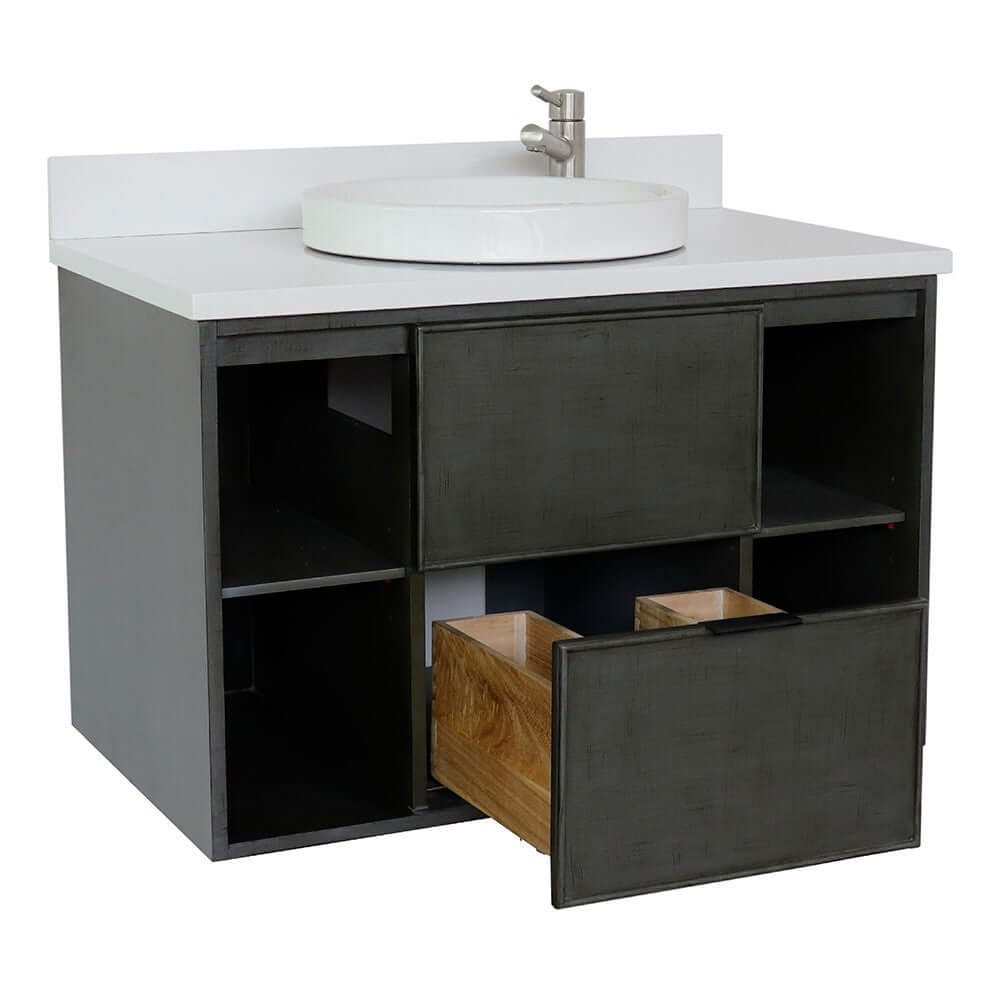 37" Single wall mount vanity in Linen Gray finish with White Quartz top and round sink - 400502-CAB-LY-WERD