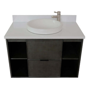 37" Single wall mount vanity in Linen Gray finish with White Quartz top and round sink - 400502-CAB-LY-WERD