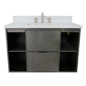 37" Single wall mount vanity in Linen Gray finish with White Quartz top and rectangle sink - 400502-CAB-LY-WER