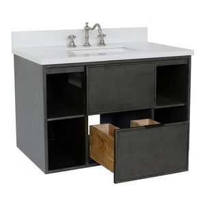 37" Single wall mount vanity in Linen Gray finish with White Quartz top and rectangle sink - 400502-CAB-LY-WER