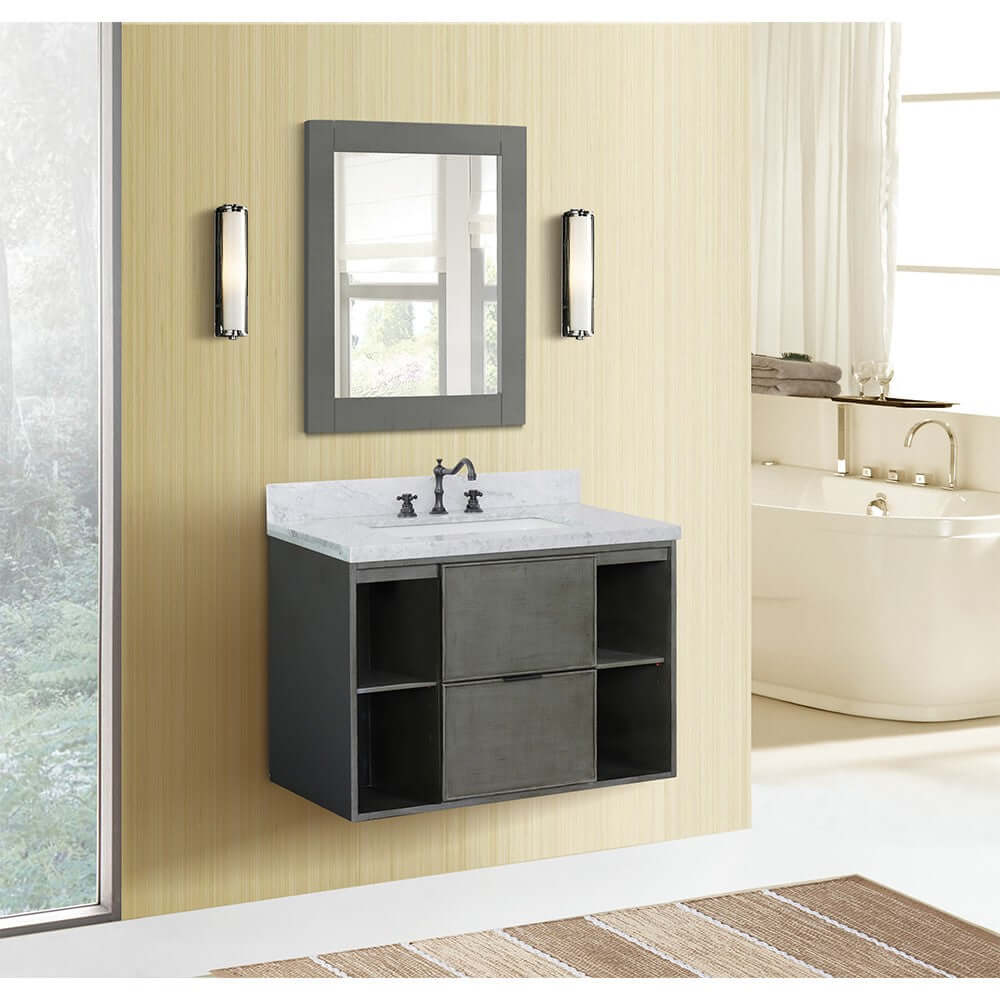 37" Single wall mount vanity in Linen Gray finish with White Carrara top and rectangle sink - 400502-CAB-LY-WMR