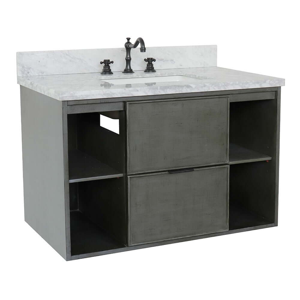 37" Single wall mount vanity in Linen Gray finish with White Carrara top and rectangle sink - 400502-CAB-LY-WMR