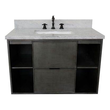 37" Single wall mount vanity in Linen Gray finish with White Carrara top and rectangle sink - 400502-CAB-LY-WMR