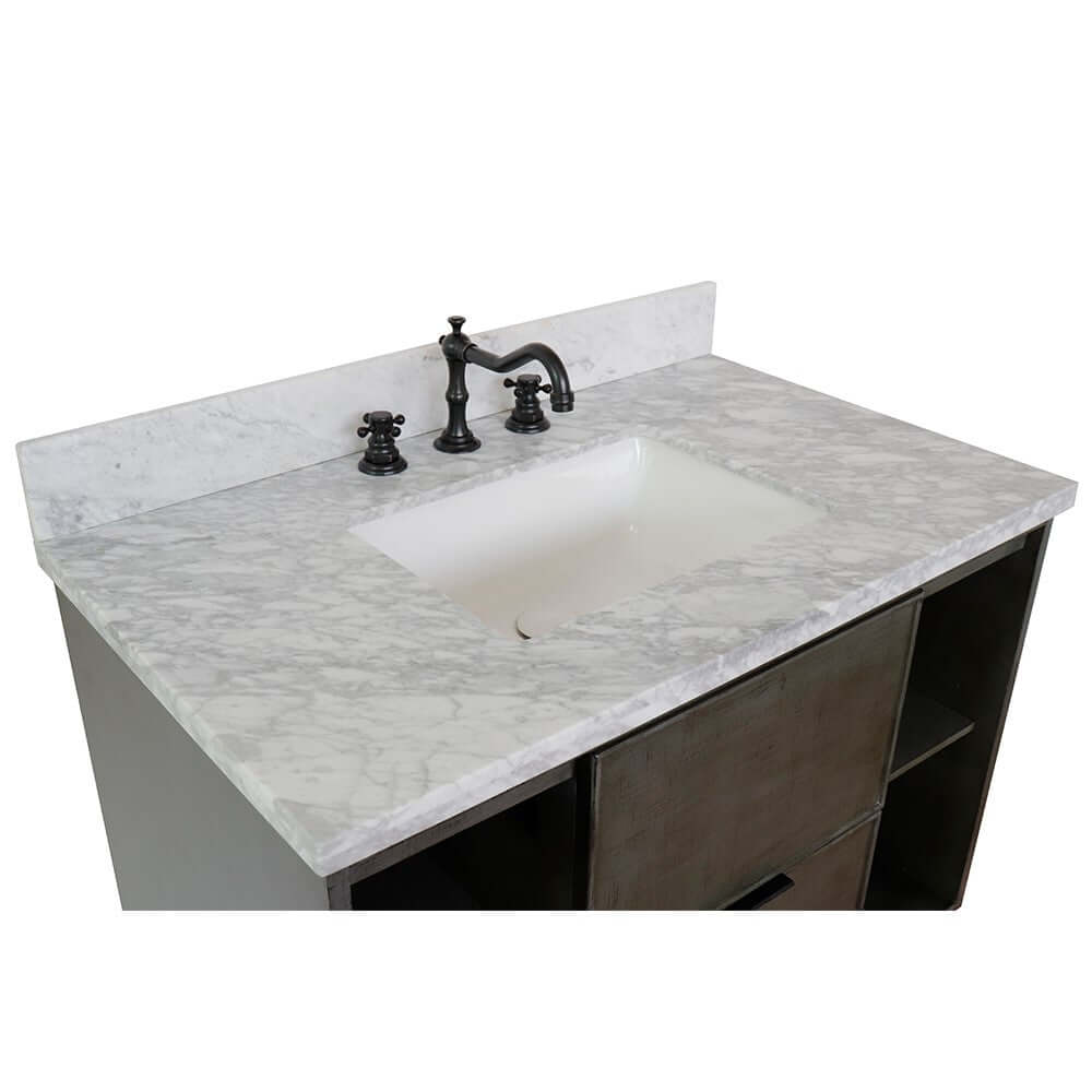 37" Single wall mount vanity in Linen Gray finish with White Carrara top and rectangle sink - 400502-CAB-LY-WMR