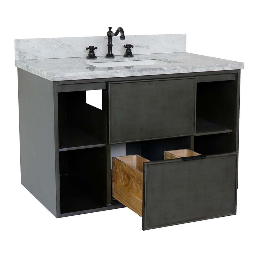 37" Single wall mount vanity in Linen Gray finish with White Carrara top and rectangle sink - 400502-CAB-LY-WMR