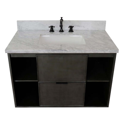 37" Single wall mount vanity in Linen Gray finish with White Carrara top and rectangle sink - 400502-CAB-LY-WMR