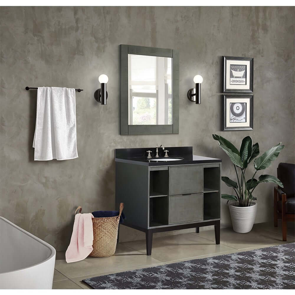 37" Single vanity in Linen Gray finish with Black Galaxy top and oval sink - 400502-LY-BGO