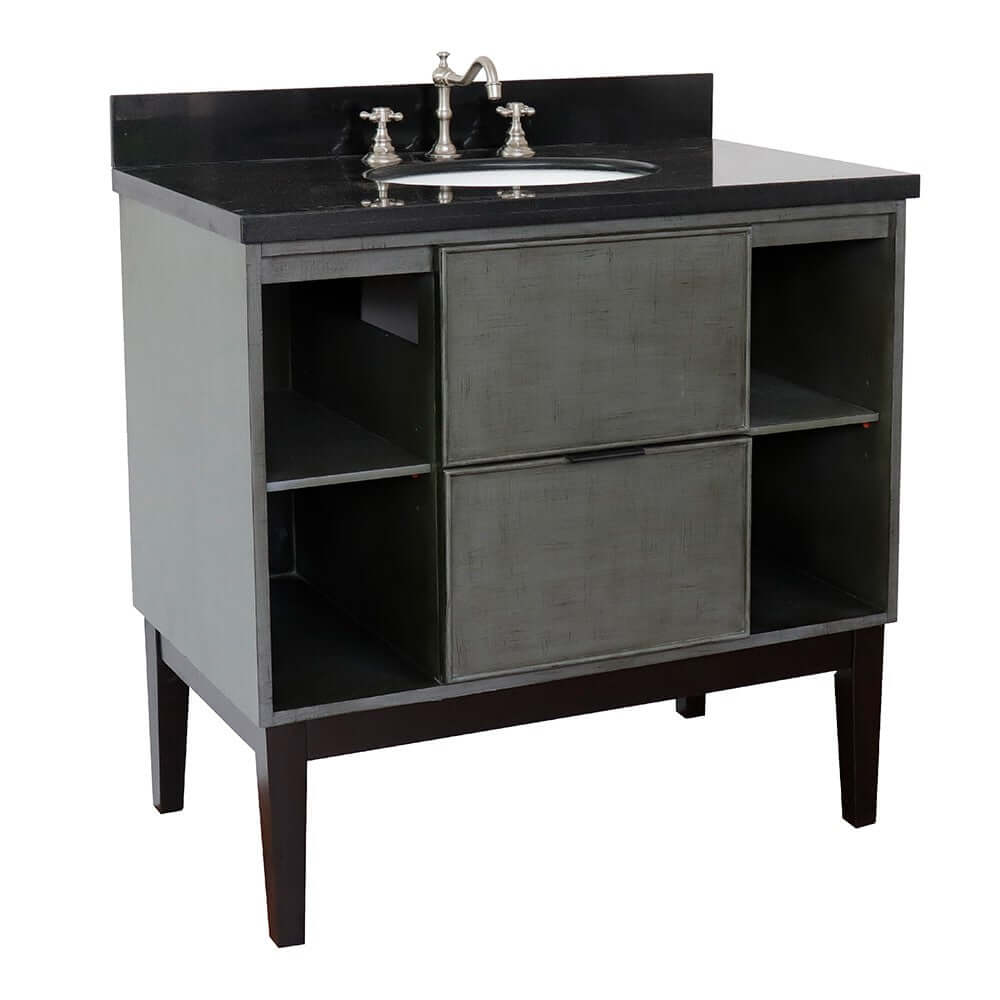 37" Single vanity in Linen Gray finish with Black Galaxy top and oval sink - 400502-LY-BGO