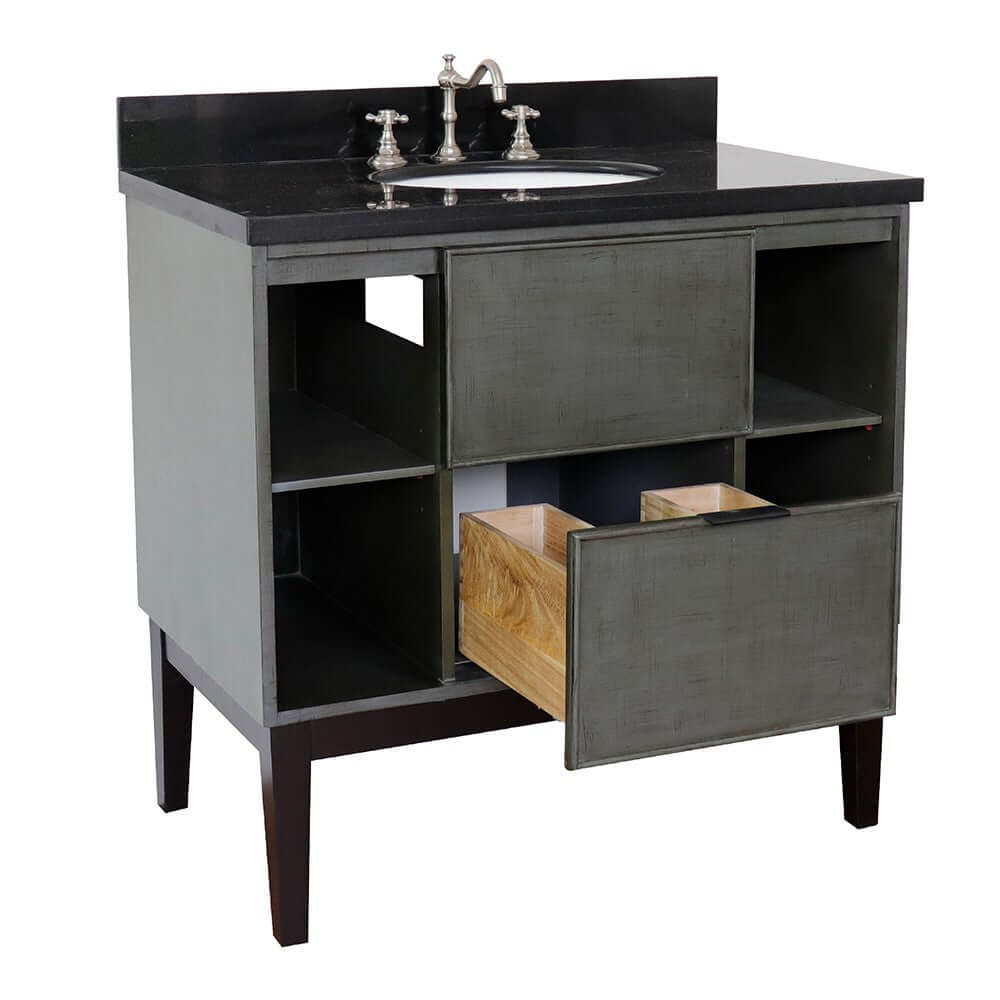 37" Single vanity in Linen Gray finish with Black Galaxy top and oval sink - 400502-LY-BGO