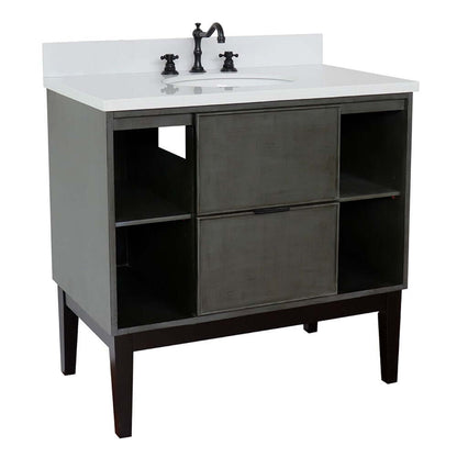 37" Single vanity in Linen Gray finish with White Quartz top and oval sink - 400502-LY-WEO