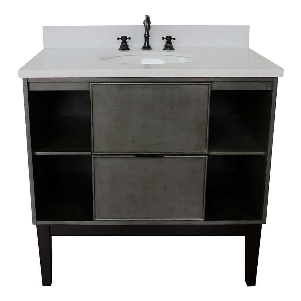 37" Single vanity in Linen Gray finish with White Quartz top and oval sink - 400502-LY-WEO