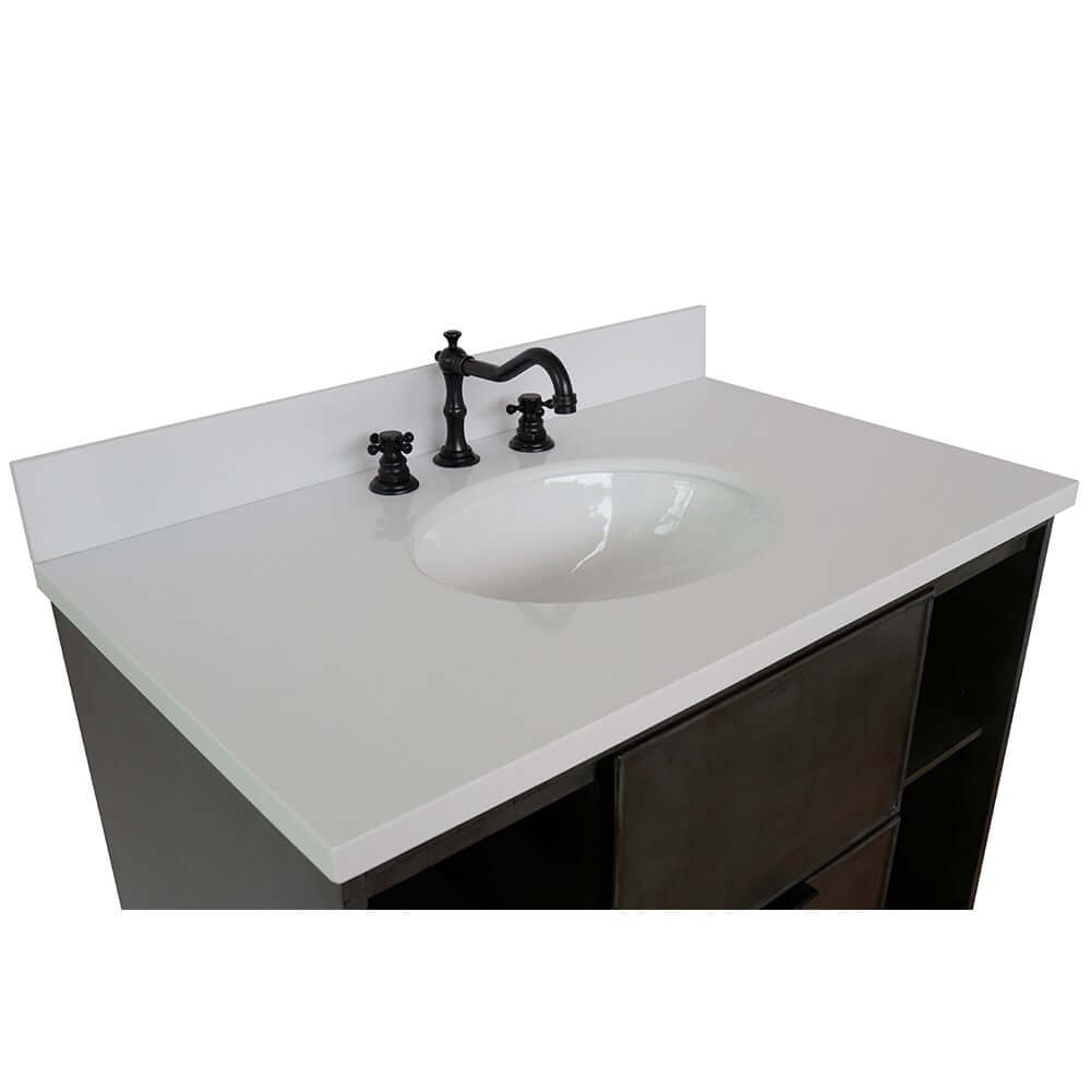 37" Single vanity in Linen Gray finish with White Quartz top and oval sink - 400502-LY-WEO