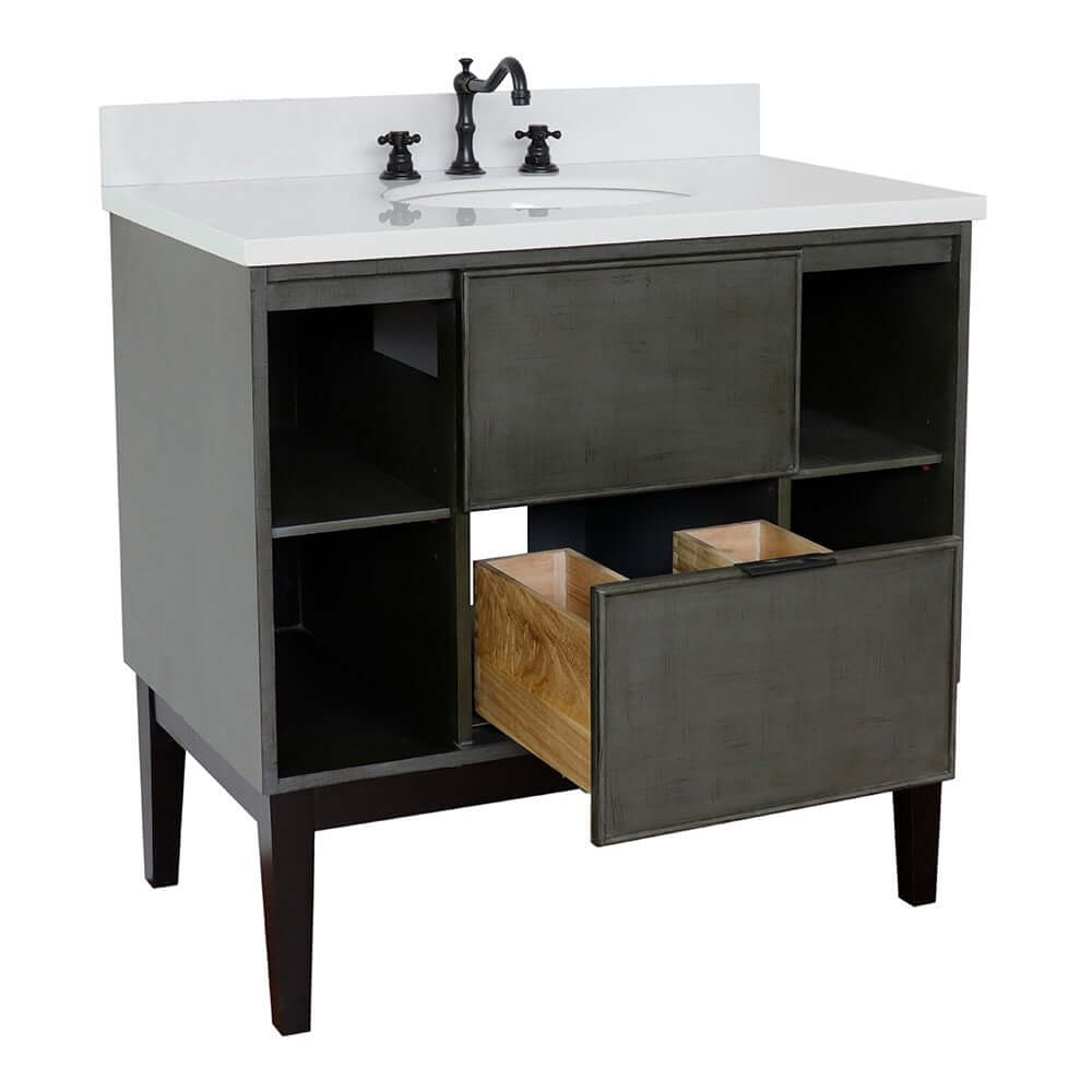 37" Single vanity in Linen Gray finish with White Quartz top and oval sink - 400502-LY-WEO