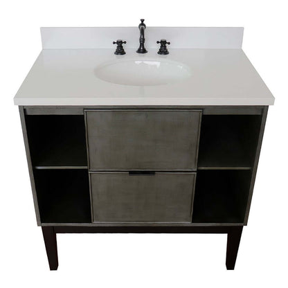 37" Single vanity in Linen Gray finish with White Quartz top and oval sink - 400502-LY-WEO