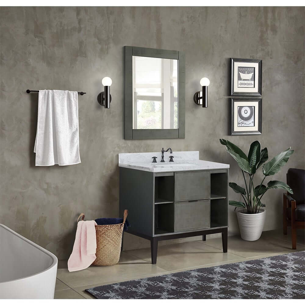 37" Single vanity in Linen Gray finish with White Carrara top and rectangle sink - 400502-LY-WMR