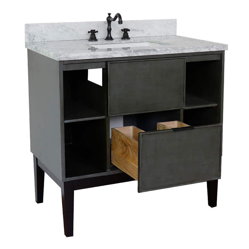 37" Single vanity in Linen Gray finish with White Carrara top and rectangle sink - 400502-LY-WMR