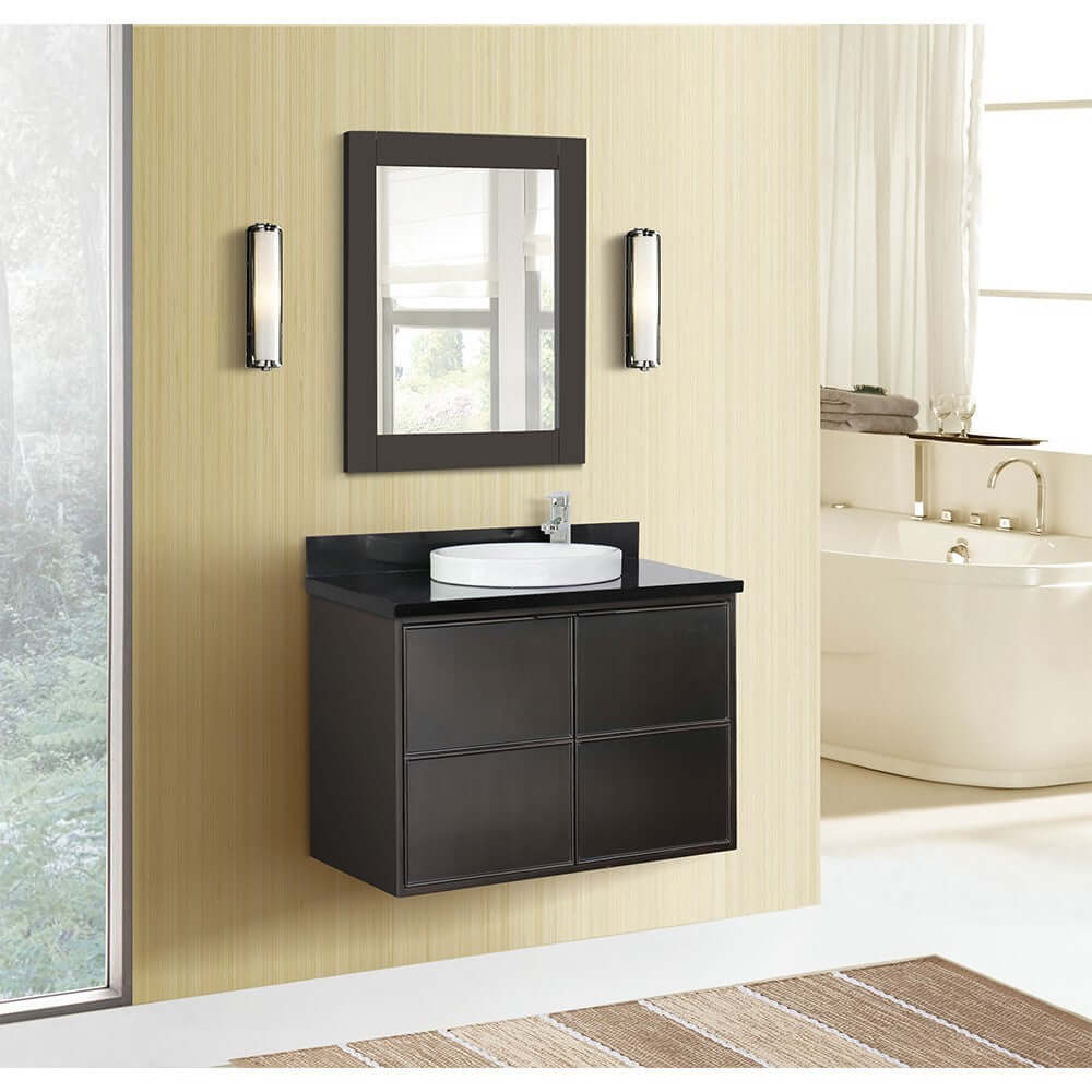 37" Single wall mount vanity in Cappuccino finish with Black Galaxy top and round sink - 400503-CAB-CP-BGRD