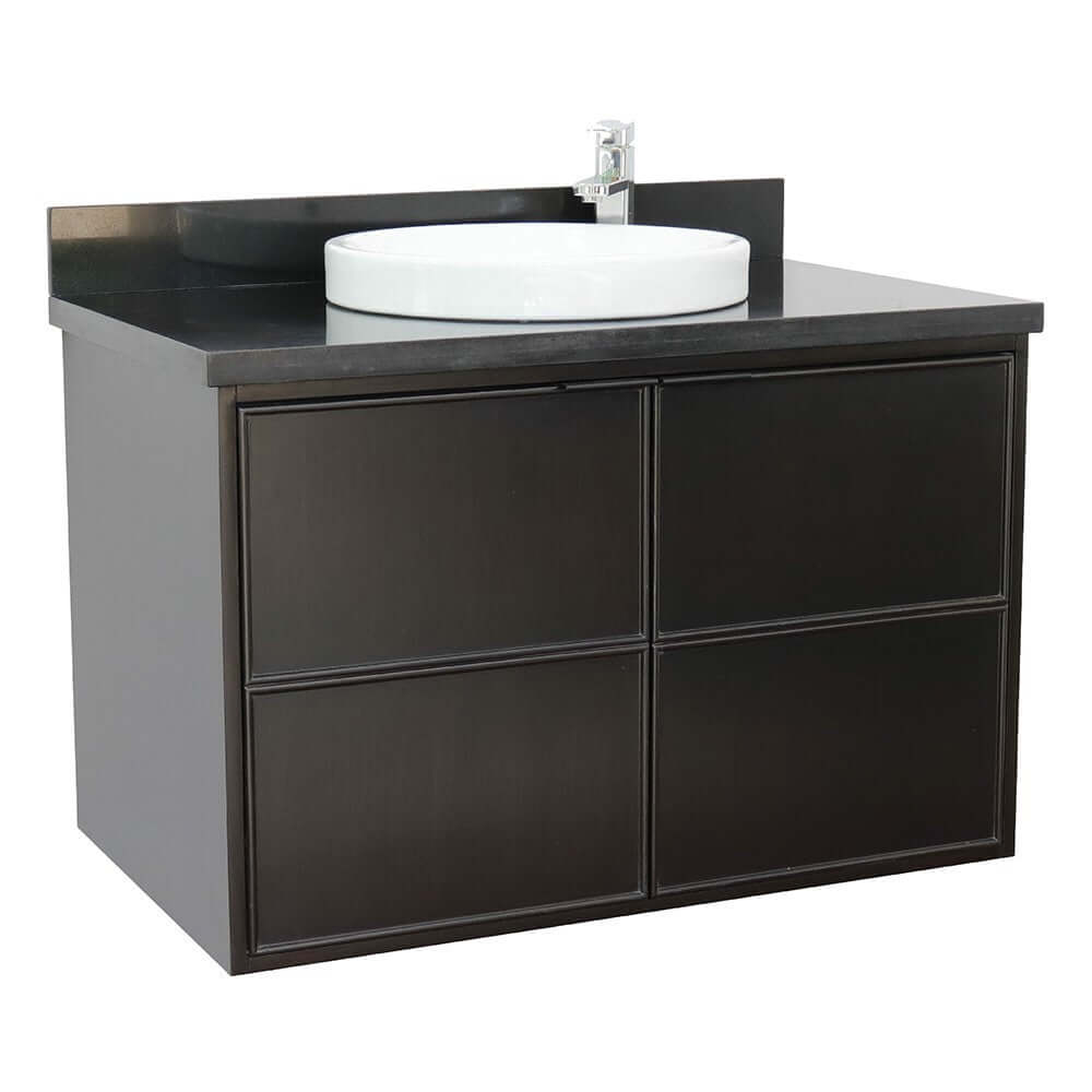 37" Single wall mount vanity in Cappuccino finish with Black Galaxy top and round sink - 400503-CAB-CP-BGRD