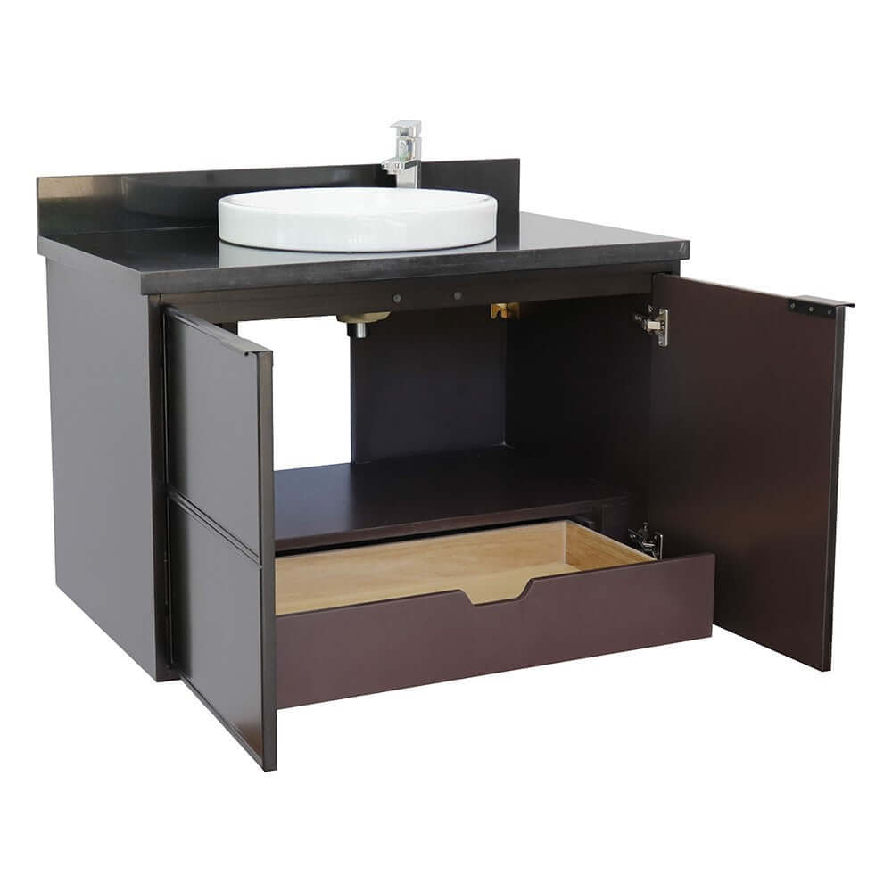 37" Single wall mount vanity in Cappuccino finish with Black Galaxy top and round sink - 400503-CAB-CP-BGRD