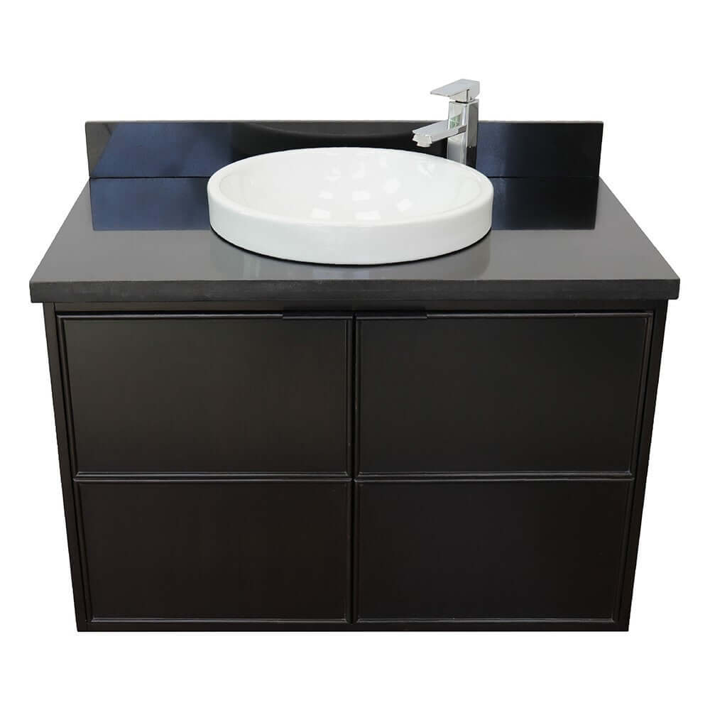 37" Single wall mount vanity in Cappuccino finish with Black Galaxy top and round sink - 400503-CAB-CP-BGRD