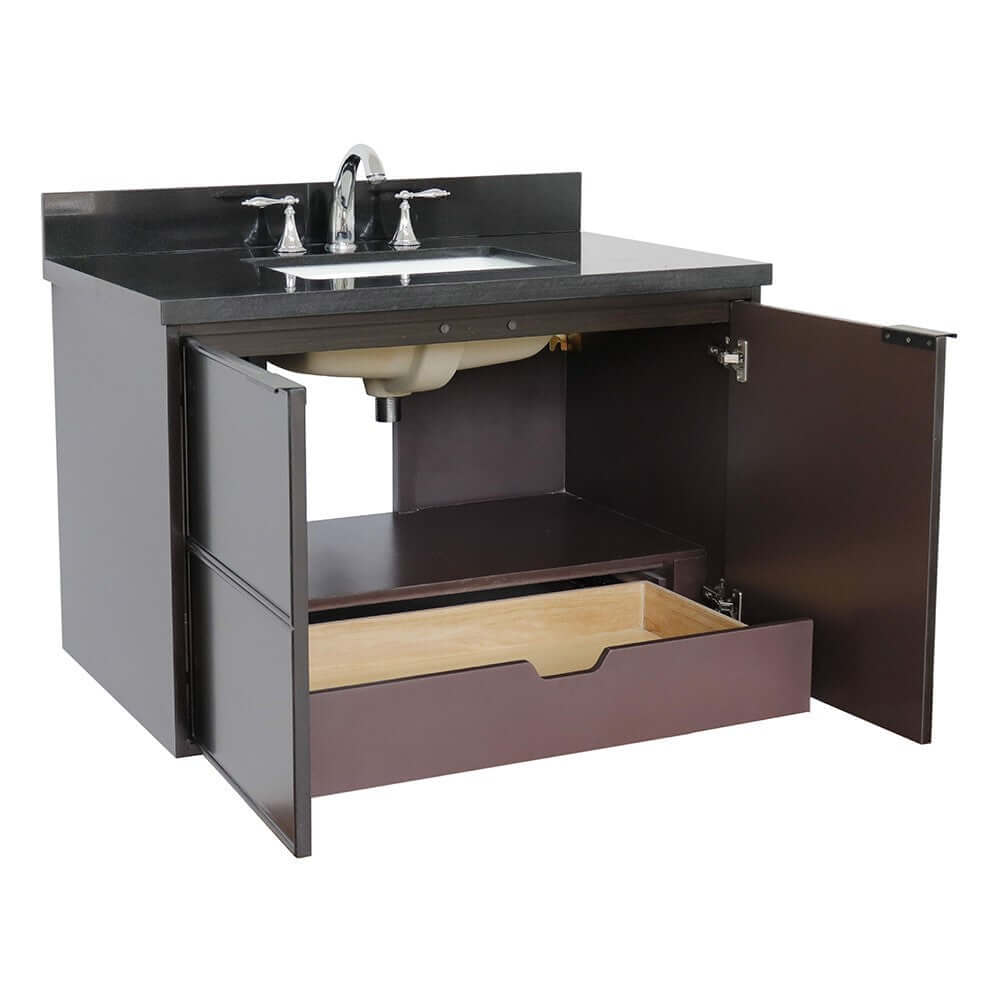 37" Single wall mount vanity in Cappuccino finish with Black Galaxy top and rectangle sink - 400503-CAB-CP-BGR