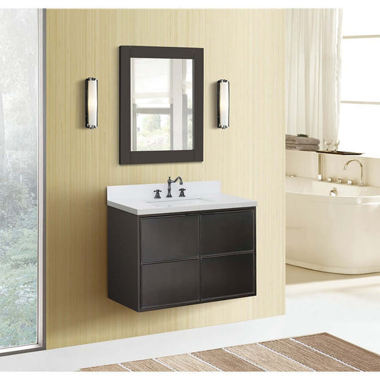 37" Single wall mount vanity in Cappuccino finish with White Quartz top and rectangle sink - 400503-CAB-CP-WER