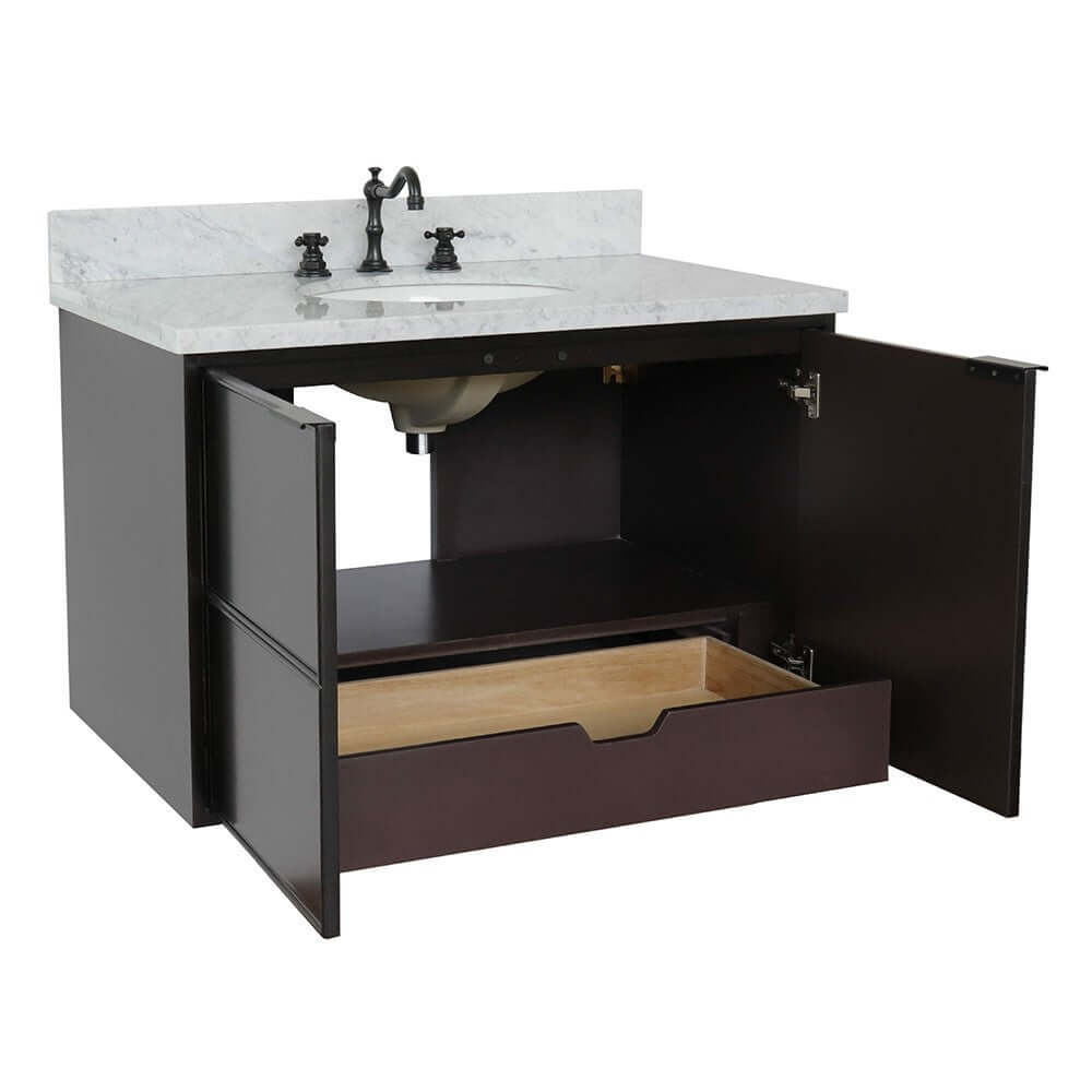 37" Single wall mount vanity in Cappuccino finish with White Carrara top and oval sink - 400503-CAB-CP-WMO