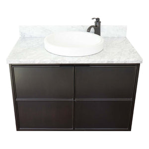 37" Single wall mount vanity in Cappuccino finish with White Carrara top and round sink - 400503-CAB-CP-WMRD
