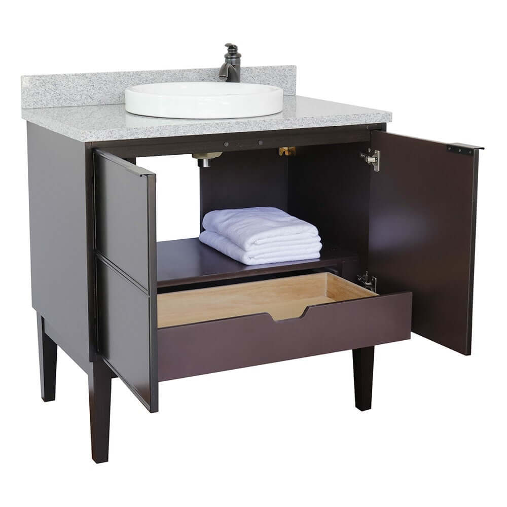 37" Single vanity in Cappuccino finish with Gray granite top and round sink - 400503-CP-GYRD