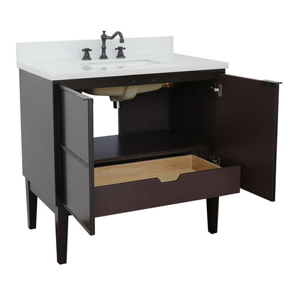 37" Single vanity in Cappuccino finish with White Quartz top and rectangle sink - 400503-CP-WER