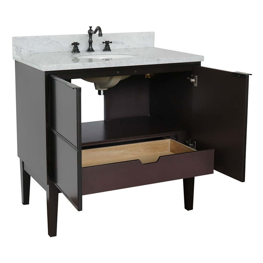 37" Single vanity in Cappuccino finish with White Carrara top and oval sink - 400503-CP-WMO