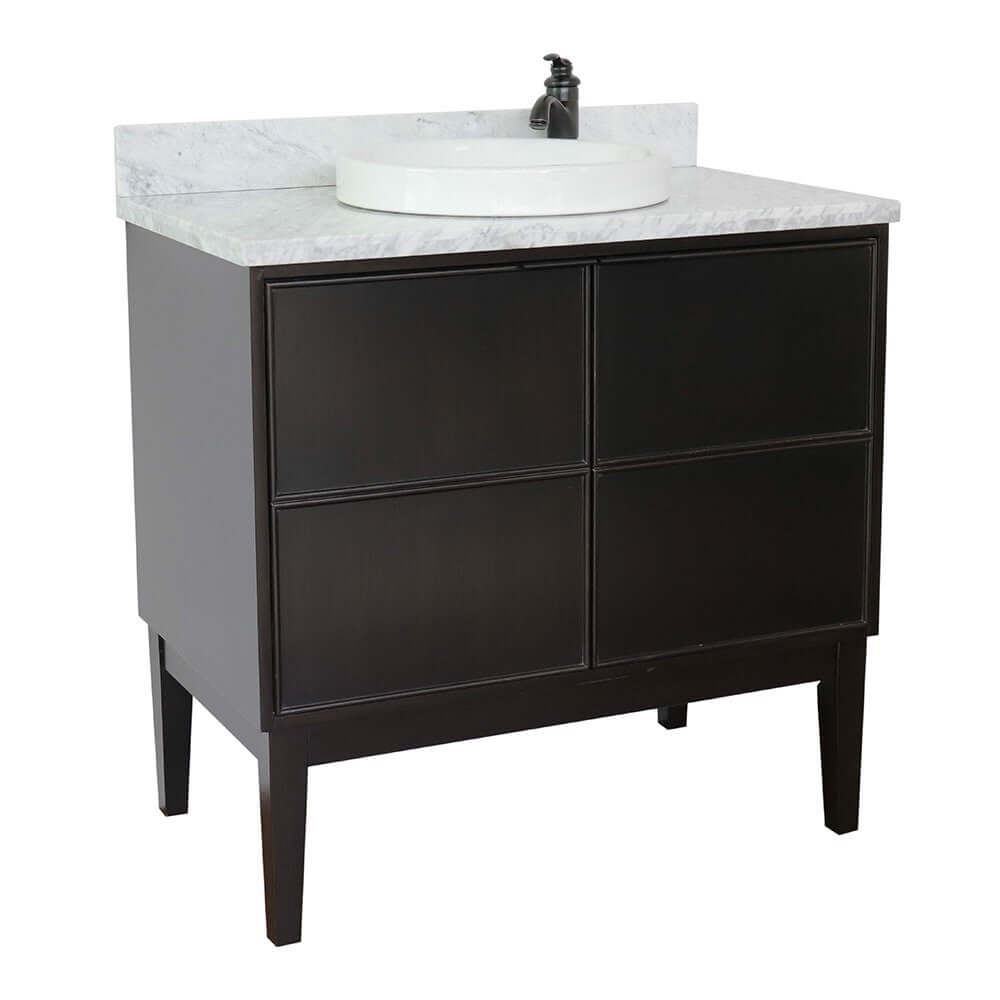 37" Single vanity in Cappuccino finish with White Carrara top and round sink - 400503-CP-WMRD