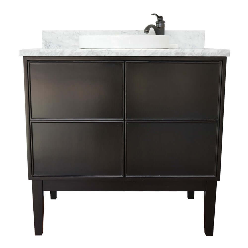 37" Single vanity in Cappuccino finish with White Carrara top and round sink - 400503-CP-WMRD