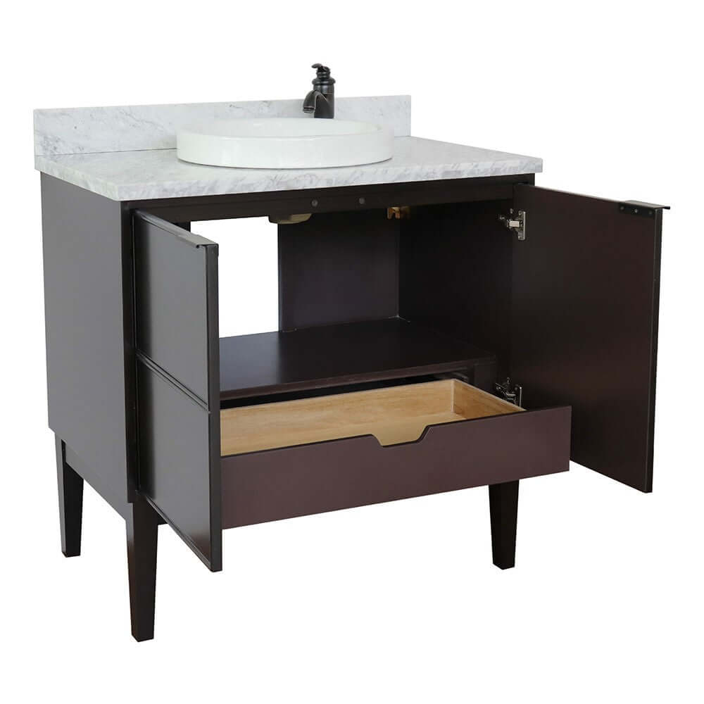 37" Single vanity in Cappuccino finish with White Carrara top and round sink - 400503-CP-WMRD