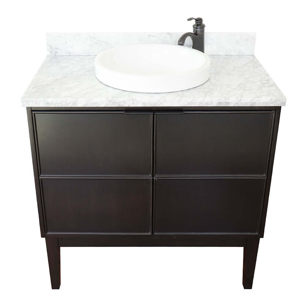 37" Single vanity in Cappuccino finish with White Carrara top and round sink - 400503-CP-WMRD