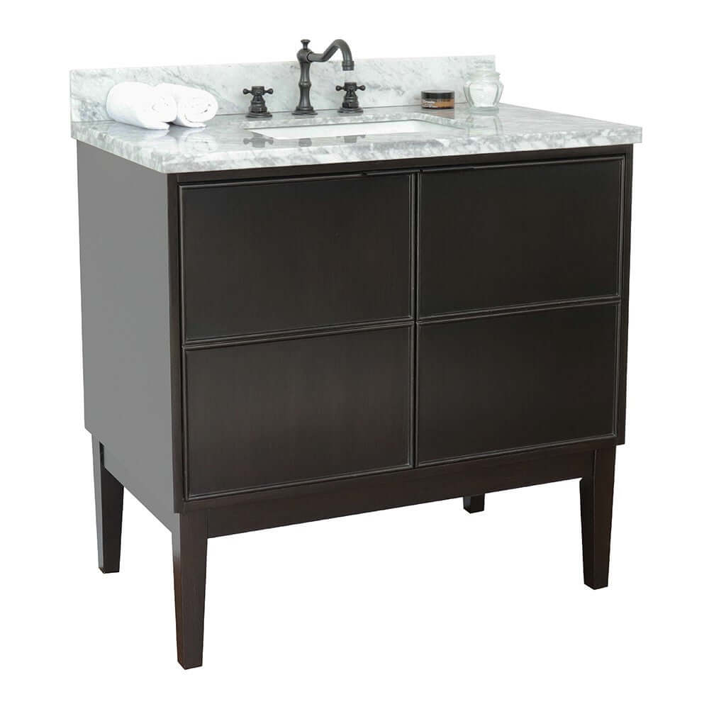 37" Single vanity in Cappuccino finish with White Carrara top and rectangle sink - 400503-CP-WMR