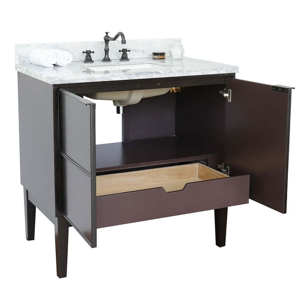 37" Single vanity in Cappuccino finish with White Carrara top and rectangle sink - 400503-CP-WMR