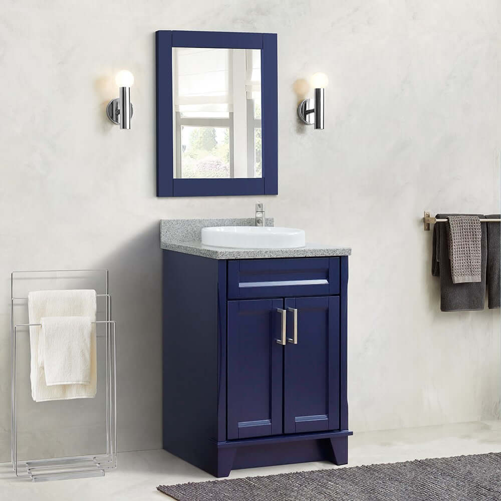 25" Single sink vanity in Blue finish with Gray granite and round sink - 400700-25-BU-GYRD