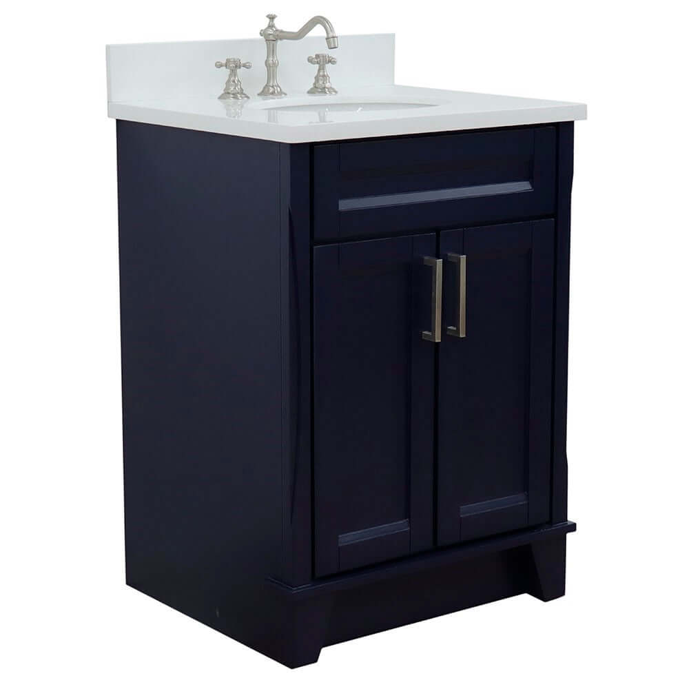 25" Single sink vanity in Blue finish with White quartz and oval sink - 400700-25-BU-WEO