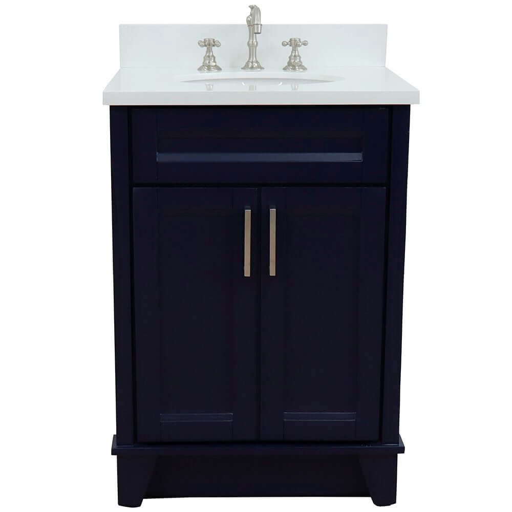 25" Single sink vanity in Blue finish with White quartz and oval sink - 400700-25-BU-WEO