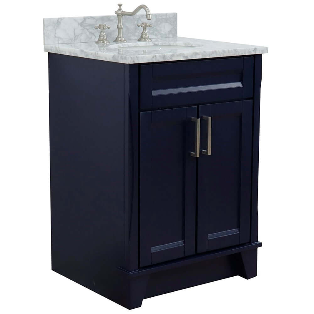 25" Single sink vanity in Blue finish with White Carrara marble and oval sink - 400700-25-BU-WMO