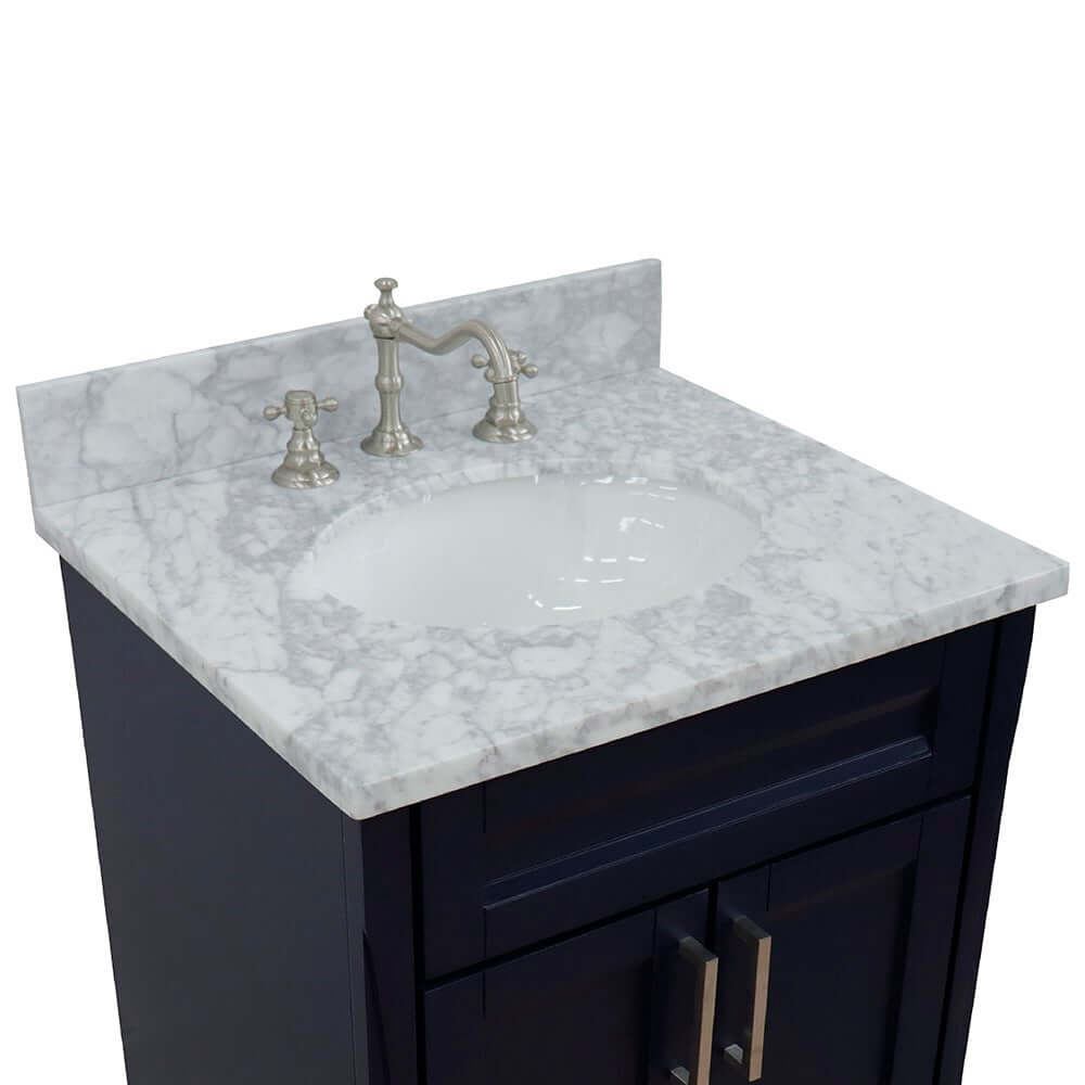 25" Single sink vanity in Blue finish with White Carrara marble and oval sink - 400700-25-BU-WMO