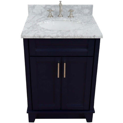 25" Single sink vanity in Blue finish with White Carrara marble and oval sink - 400700-25-BU-WMO