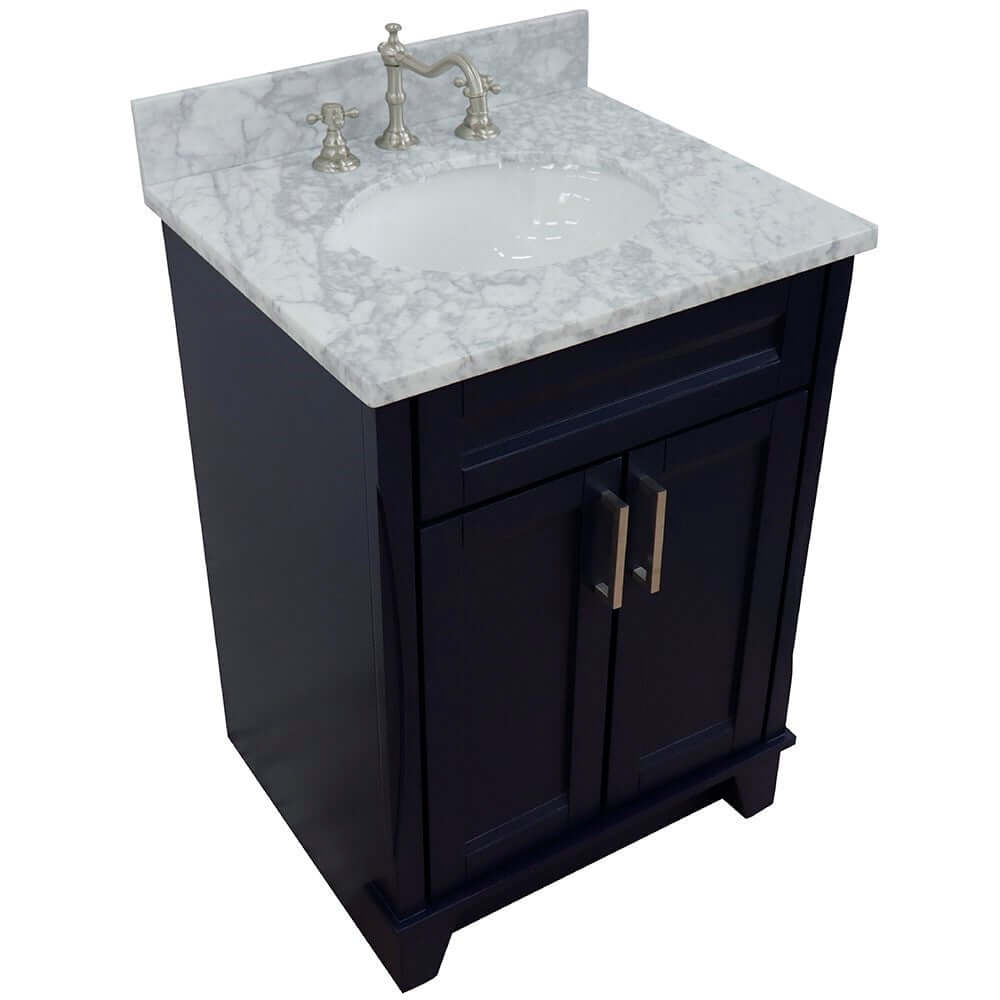 25" Single sink vanity in Blue finish with White Carrara marble and oval sink - 400700-25-BU-WMO